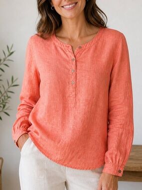 J.Jill- Coral Long-Sleeve Linen Henley Top Size Medium